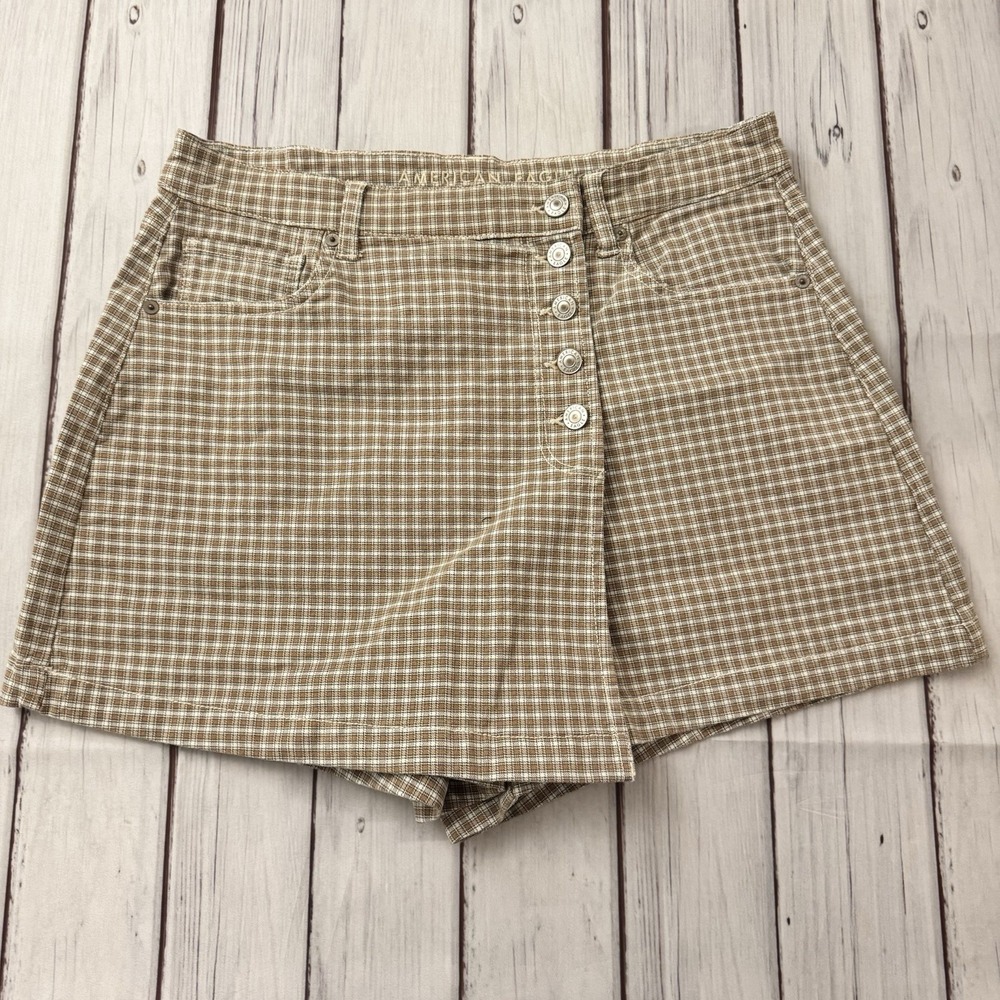 American Eagle Plaid Button Front Skort Women Size 14 Stretch Brown Mini